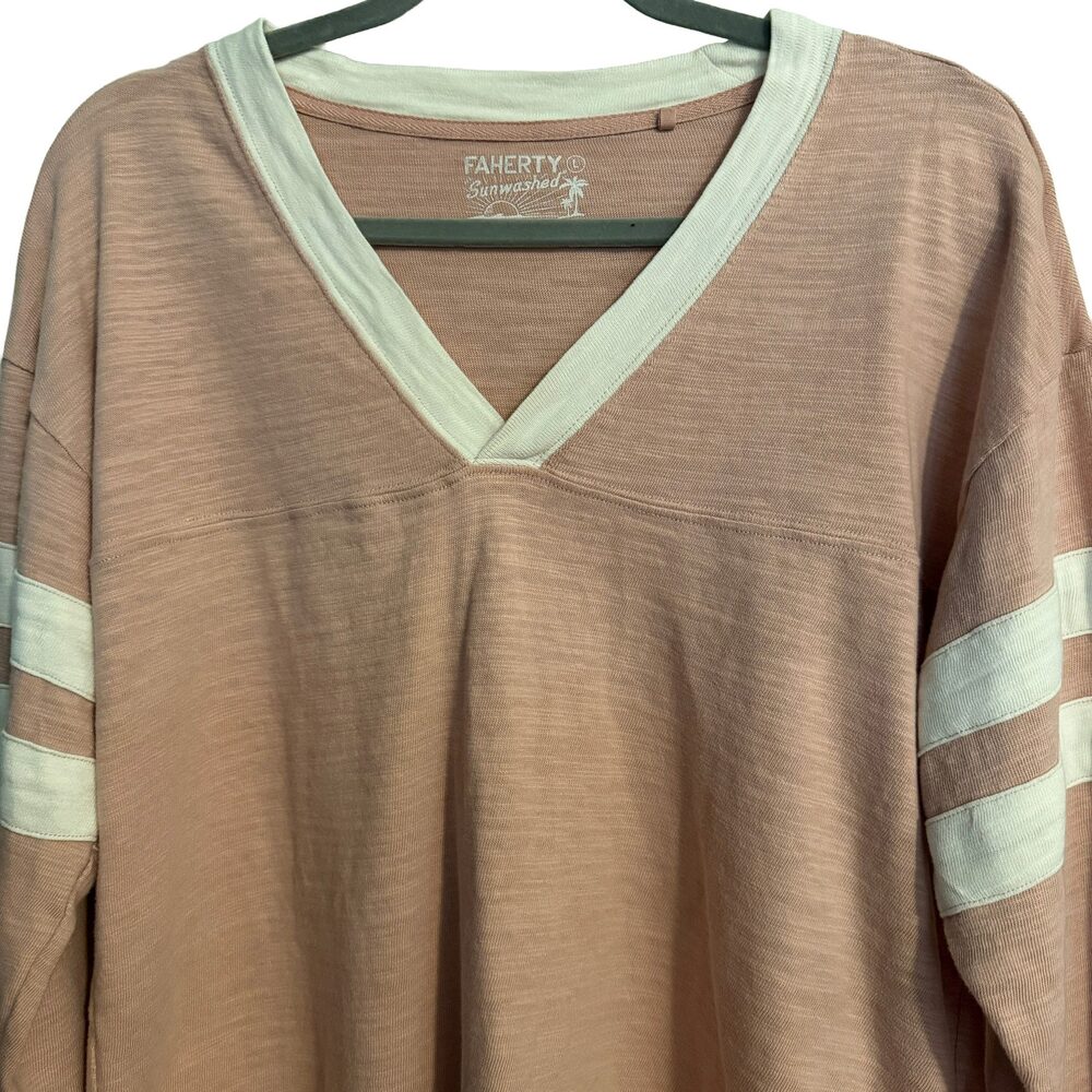 Faherty Women's Pink & White Organic Cotton Long Sleeve V-Neck Shirt Large